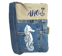 Sunsa Borsa a tracolla da donna, borsa sostenibile, in tela e jeans riciclati, piccola borsa a tracolla in design marittimo, borse da donna come regalo per donne e ragazze, blu/beige, xs