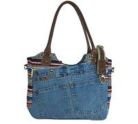 Sunsa Borsa da donna Borsa a mano sostenibile in jeans riciclati, cotone e pelle, grande borsa a tracolla con molti scomparti, borsa a tracolla come regalo per donne/ragazze, Blu Colorido, xl