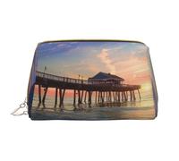 Sunset at The Beach Bridge Borsa per il trucco stampata per le donne Borsa per il trucco in pelle portatile Borsa da viaggio con cerniera Cosmetici Organizer