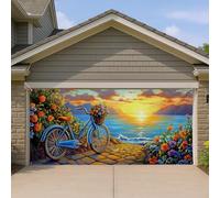 Sunset Bike Garage Door Cover, grande decorazione floreale costiera vivace per esterni, decorazione estiva scenica per vialetto, 390 x 180 cm