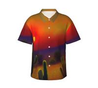 Sunset Cactus in Desert Print Camicia hawaiana morbida da uomo a maniche corte button down camicia per vacanze al mare, Nero , 3XL