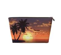 Sunset Coconut Palm Tree Borse da viaggio per il trucco da donna Borse da spiaggia blu oceano in pelle Borse per cosmetici Organizer per articoli da toeletta con cerniera