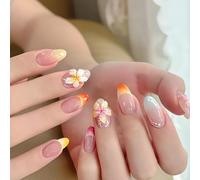 Sunset Floral Glow e 24 unghie a pressione - Punte sfumate arancione e giallo con accenti floreali 3D, design ovale corto, perfetto per l'uso quotidiano, feste e look vacanza