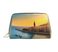 Sunset in Barcelona, borsa cosmetica in pelle, impermeabile, da viaggio, con cerniera, set di borse per cosmetici da donna, marrone, bianco, Taglia unica