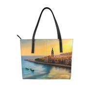 Sunset in Barcelona Prints Handbag. Borsa a mano da donna con stampa, borsa a tracolla grande in ecopelle.