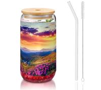 Sunset Mountain Flower Printing - Bicchieri con coperchio e cannucce, 470 ml, per acqua, succhi di frutta, birra, caffè, tè