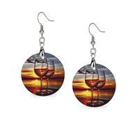 Sunset - Orecchini in legno a forma di bicchiere di vino, da donna, alla moda, bohémien, vintage, geometrici, circolari, in legno, metallo, senza pietre preziose, circolari, legno, metallo, senza