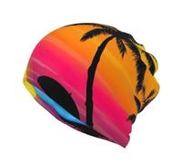 Sunset Palm Tree Print Slouchy Beanie per donne e uomini, caldo berretto berretto morbido antivento chemio cap stretch Skull Cap, Nero , S