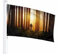 Sunset Scene Flag Decor 3x5 Ft Man in Forest Autumn Evening Tree Woods Sunrise Nature Poliestere Motivo stampato Decorazioni per esterni per case e giardini