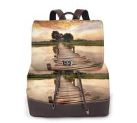 Sunset Stunning Lake Bridge Print Zaino da donna impermeabile antifurto leggero PU moda pelle nylon scuola borsa a tracolla zaino da viaggio, Nero , Taglia unica