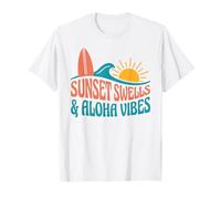 Sunset Swells Aloha Vibes Tropical Surf Beach Design Grafico Maglietta