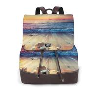 Sunset View On The Beach Shore Print Zaino da donna Impermeabile Antifurto Leggero Pu Moda Pelle Nylon Scuola Borsa a Tracolla Zaino Da Viaggio, Nero , Taglia unica