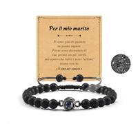SUNSH Bracciale Uomo in Pietra Naturale Ti Amo 100 Lingue Proiezione Braccialetto per Marito Natale San Valentino Matrimonio Anniversario Compleanno Regalo 8mm Nero Regolabile per Lui Uomini