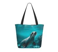 Sunshine Blue Ocean Seal - Borsa in tela leggera e riutilizzabile con cerniera, tracolla in cotone sfuso per sacchetti della spesa