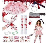 Sunshine smile Costume da carnevale da donna, tutu e calze macchiate di sangue, costume da Halloween da donna, fascia per coltello, machete, guanti, adesivi per tatuaggi, gonna in tulle per adulti