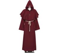Sunshine Smile Costume da Monaco o Prete, Uomo, Rosso, Halloween, Storico, Medievale, Rinascimentale, Cappuccio, Cappello, Corda, Cintura, Croci, Set da 4 Pezzi
