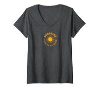 Sunshine State of Mind: Retro Sun Positive Vibes Maglietta con Collo a V, Donna, Grigio Scuro, S