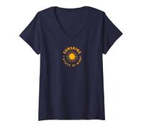 Sunshine State of Mind: Retro Sun Positive Vibes Maglietta con Collo a V, Donna, Navy, M