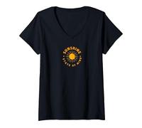 Sunshine State of Mind: Retro Sun Positive Vibes Maglietta con Collo a V, Donna, Nero, XXL