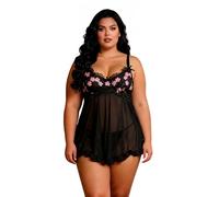 sunshinelady Camicia da Notte Corta Sexy Donna Ricami Floreali Babydoll negligé Abito da Notte Vestaglia Pigiama Trasparente Elegante Taglie Forti con Tanga Nero XL