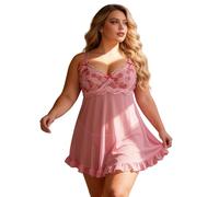 sunshinelady Camicia da Notte Corta Sexy Donna Ricami Floreali Babydoll negligé Abito da Notte Vestaglia Pigiama Trasparente Elegante Taglie Forti con Tanga Rosa M