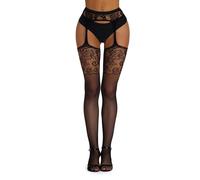 sunshinelady Collant Aperto con Pizzo Donna Velati Collant a Rete con Reggicalze Calze Autoreggenti Vita Alta Hot Sexy Intimo Elastico Floreale Taglie Forti Nero XS-M