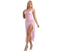 sunshinelady Lingerie Donna Lunga con Spalline Sexy Babydoll negligé Vestaglia Camicia da Notte Abito da Notte Leggero Regolabile Trasparente Taglie Forti con Perizoma Rosa XL