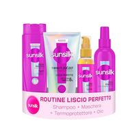 Sunsilk Kit Liscio Perfetto Shampoo 250ml, Maschera 1 Minute WOW 180ml, Spray Termoprotettore 200ml e Olio Styling 75ml, Trattamento Anticrespo Capelli Lisci, Protezione Calore da Phon e Piastra