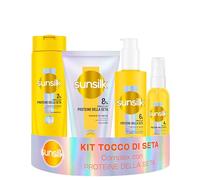 Sunsilk Kit Tocco di Seta Set 4 Prodotti Capelli Morbidi Setosi | Shampoo 250ml + Balsamo 180ml + Siero 200ml + Siero Invisibile 75ml, con Proteine della Seta, 100 Ore di Morbidezza*