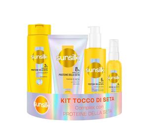 Sunsilk Kit Tocco di Seta Shampoo 250ml, Balsamo 180ml, Siero Senza Risciacquo 200ml e Siero di Seta Invisibile 75ml, Set Cura Capelli Morbidi e Setosi, con Proteine della Seta 100h di Morbidezza*
