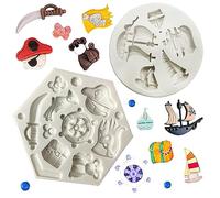 SUNSK Stampo in silicone per fondente in pirata 3D, in silicone, per cioccolato, motivo: nave dei pirati, orso, barca dei pirati, timone, ancora, in silicone, per feste dei pirati, 2 pezzi