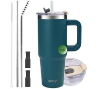 "SUNTQ Bicchiere 40 once con manico, bottiglia d'acqua isolata sotto vuoto a doppia parete con cannuccia e coperchio, tazza da caffè da viaggio in acciaio inossidabile, tazza termica riutilizzabile