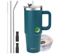 SUNTQ Bicchiere da 890 ml con manico, borraccia termica a doppia parete con cannuccia e coperchio, in acciaio inox, riutilizzabile, per bevande, adatta al portabicchieri (blu)