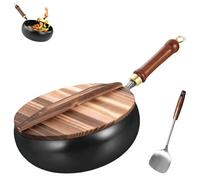 Suntuup Japanese Iron Pan, Uncoated Iron Pan, 9,45 pollici Suntuup Japanese Hand-Forged IronPan Without, for Cooker Gas Stir Fry Pans, with Lid (Wooden lid)