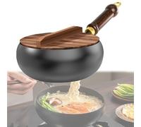 Suntuup Japanese Iron Pan with Wooden Lid, 9.45" Lightweight Hand-Forged Non-Stick Frying Pan without Coating, Round Bottom Stir Fry Pan for Natural Cooking (24)