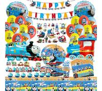 SunwE Kit Compleanno Trenino Thomas - Palloncini, Stoviglie, Piatto, Tazza, Tovagliolo, Tovaglia per Festa Di Bambini