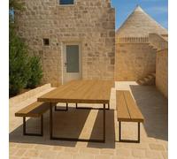 SUNWOOD Tavolo da Esterno/Interno in Legno Termowood con 2 Panche, Piano 209x90 cm, Gambe in Acciaio Effetto Corten
