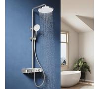 SUNXURY Rubinetto doccia con termostato, set di 3 funzioni, doccetta e blocco di sicurezza contro scottature, soffione doccia rotondo da 25,5 cm, asta doccia regolabile in altezza 80-120 cm, ABS