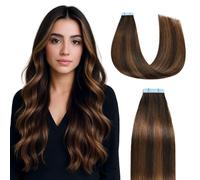 Sunya Extension adesive in capelli veri, balayage, marrone scuro su chestnut marrone, per capelli veri, extension adesive naturali lisce, capelli umani P2/6/T2, 50 cm, 40 g, 20 pezzi