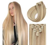 Sunya Extension con clip in capelli veri, biondo cenere, con biondo platino, invisibili, clip per capelli veri, 50 cm, 7 pezzi da 80 g