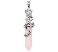 SUNYIK Collana placcata in argento con ciondolo a forma di fiore di rosa, bacchetta di pietra, cristallo di quarzo, per donne e uomini, con catena da 57 cm, Pietra di cristallo di quarzo rosa, Pietra