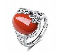 SUNYUHUI 925 Anello in Argento Sterling Gemma Argento Antico Hotan Jade Anello Faccia Indice Spray Sud Rosso Agata Gioielli, Silver