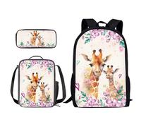 Suobstales Set di 3 zaini per la scuola e portapranzo con stampa di giraffa, con astuccio per le scuole medie, per adolescenti, resistenti, da viaggio, per laptop, per ragazze e bambini
