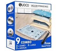 SUOCO Sacchi Sottovuoto con Pompa Manuale, 3 Jumbo, 3 Large e 3 Medium, Buste Sottovuoto per Vestiti, Piumoni e Viaggi, Ideali per Organizzazione