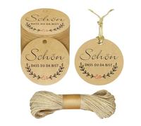 Suofuolef 100 etichette regalo per matrimonio, con scritta in lingua tedesca "Schön dass du da bist", con corda di iuta da 10 m, per bomboniere di nozze