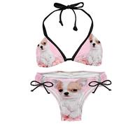 suojapuku Bikini da Donna,Costume da Bagno a Due Pezzi,Cucciolo di Cane Chihuahua Fiore Rosa,Insiemi del Bikini delle Donne
