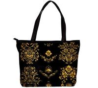 suojapuku Tote Bag,Borsa a tracolla Borse grandi e borse da donna,fiore etnico in oro nero,Buste della spesa