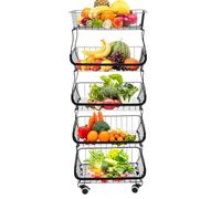 SUONTY Scaffale da cucina a 5 ripiani, con ruote, cestino per frutta e verdura, impilabile in filo metallico con ruote, cestino per prodotti per scaffalatura, carrello per dispensa, carrello per