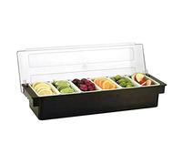 SUONTY Set di 6 contenitori per ingredienti con coperchio, 6 scomparti da 200 ml, per limoni, frutta, olive e cocktail ingredienti, 50 x 15 x 10 cm, nero con coperchio trasparente