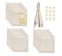 SUPAWAY Pacco da 12 tovaglioli in lino (12 Tovaglioli in cotone + 12 Anelli) Set decorazione tavola 40x40cm Tovaglioli in mussola per eventi, matrimoni, compleanni,cene,caffè,cucina,ristoranti (Beige)